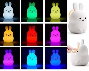 Lampa de veghe iepuras, 10 moduri iluminare, 9 culori diferite, telecomanda inclusa, intrare USB, 0,5W, 15x11x11 cm, silicon alb