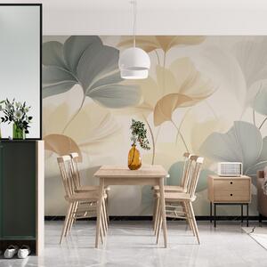 Tapet Model de frunze de ginkgo în tonuri pastelate moi, amestecând nuanțe de verde, galben și crem pentru a, Fototapet Natură, w02855 : Uwalls.ro