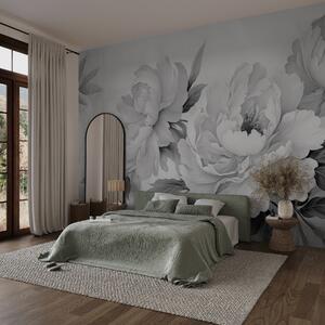 Tapet Bujori luxurianți în nuanțe de gri, cu detalii delicate ale petalelor și frunzelor, creând o atmosferă, Fototapet Flori, w02856 : Uwalls.ro