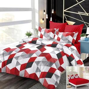 Lenjerie de pat, 2 persoane, finet, 6 piese, cu elastic, rosu gri alb , cu forme geometrice, LEL242