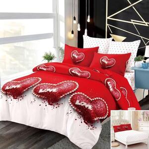 Lenjerie de pat, 2 persoane, finet, 6 piese, cu elastic, alb si rosu, cu inimi rosii, LEL240