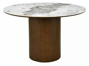 Masă RONDO, alb lucios/nuc, ceramică/furnir/MDF, Ø120x76 cm