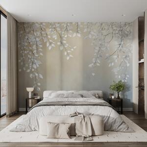 Tapet Ramuri delicate cu frunze albe atârnând în jos, Fototapet Flori, w02868 : Uwalls.ro