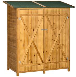 Outsunny Magazie de Gradina din Lemn cu 2 Usi cu Taburet Inalt cu 2 Rafturi si Acoperis Hidrofug, 140x75x157 cm | Aosom Romania