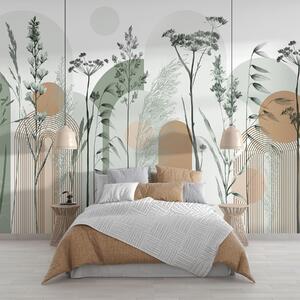 Tapet O colecție de plante și flori în tonuri neutre pe un fundal abstract de arc în nuanțe de verde și, Fototapet Acuarelă, w08665v1 : Uwalls.ro