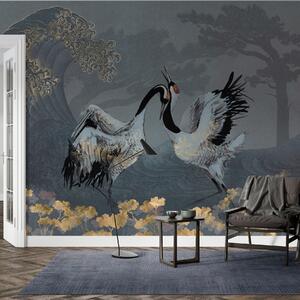 Tapet Macarale, copaci și valuri cu elemente în stil chinezesc, Fototapet Animale, Fototapet Păsări, w02747 : Uwalls.ro