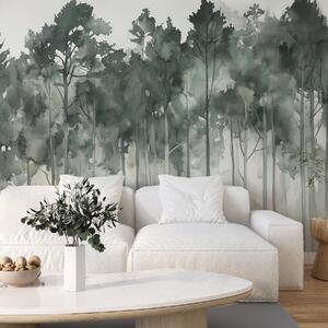 Tapet Pădure în stil acuarelă, copaci de pin, peisaj natural, culori verzi, Fototapet Natură, w02937 : Uwalls.ro