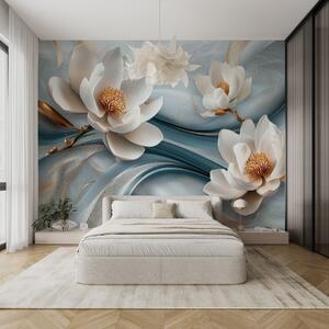 Tapet Flori de magnolie combinate cu tonuri de albastru, alb și galben cu valuri abstracte, Fototapet Flori, w08695 : Uwalls.ro