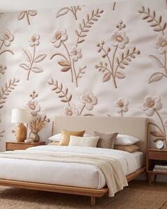 Tapet Model floral brodat imitație cu fir galben pe țesătură, Fototapet Flori, w09953 : Uwalls.ro