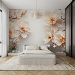 Tapet Frumoase flori de magnolie de culoare crem pe un fundal alb, Fototapet Flori, w08704 : Uwalls.ro