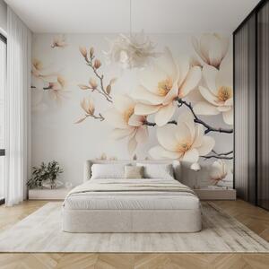 Tapet Frumoase flori de magnolie de culoare crem pe un fundal alb, Fototapet Flori, w08721 : Uwalls.ro