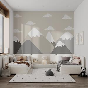 Tapet Peisaj montan minimalist cu vârfuri acoperite de zăpadă în tonuri calme gri-bej, completate de, Fototapet Pentru Copii, w03040v1 : Uwalls.ro