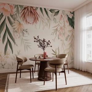 Tapet Floare Protea printre diverse frunze și plante în tonuri calde de bej și verde, Fototapet Natură, w03019 : Uwalls.ro