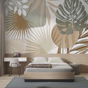 Tapet Design abstract cu diverse frunze tropicale și în tonuri pământii de verde,, Fototapet Natură, Fototapet Foi de palmier, w08738v1 : Uwalls.ro