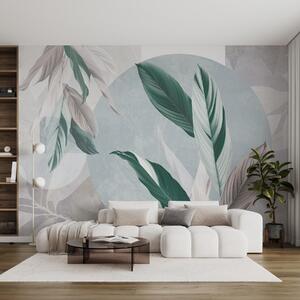Tapet Compoziție texturală geometrică modernă și abstractă cu frunze detaliate în nuanțe de verde, violet, Fototapet Natură, w08741v1 : Uwalls.ro