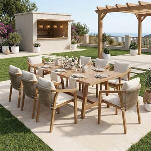 Set 9 masa si scaune gradina, Malibu, Bej, 90x180x75 cm