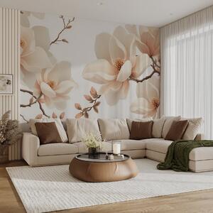 Tapet Ramuri de magnolie de culoare crem pe un fundal alb, Fototapet Flori, w08755 : Uwalls.ro