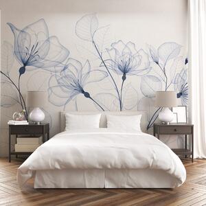 Tapet Flori albastre minimaliste delicate, cu petale și frunze transparente, pe un fundal alb, Fototapet Acuarelă, w08776 : Uwalls.ro