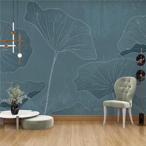 Tapet Siluete de frunze de lotus elegante pe un fundal texturat în nuanțe de albastru intens, Fototapet Flori, w03156 : Uwalls.ro
