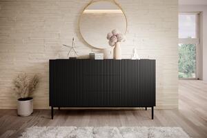 Comodă Nicole 150 cm cu sertare și fațadă canelată - negru mat / picioare negre
