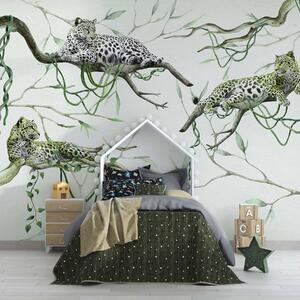 Tapet Leoparzi pe copaci junglă, liane, tropicale, animale sălbatice, paletă de culori, Fototapet pădure, Fototapet Junglă, w03146v1 : Uwalls.ro