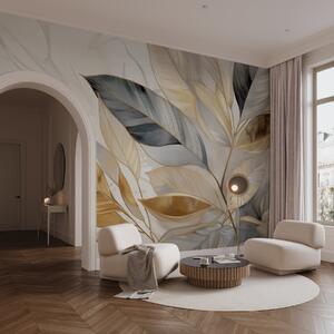 Tapet Galben, gri și alb delicate frunze mari pe un fundal alb abstract texturat, Fototapet Natură, w08828 : Uwalls.ro