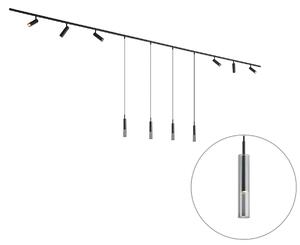 Sistem de iluminat pe șină modern negru cu 6 spoturi și 4 lumini suspendate monofazate - Slimline Uzzy Loyce