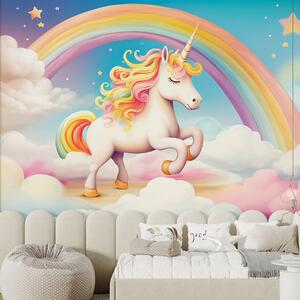 Tapet Un cal unicorn cu un curcubeu, nori și un cer înstelat, Fototapet Pentru Copii, w08820 : Uwalls.ro
