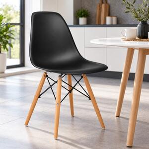 Scaun bucatarie si dining, stil scandinav, negru, picioare din lemn natur, spatar ergonomic, maxim 120 kg