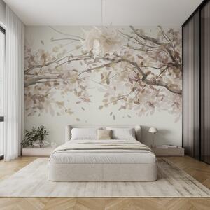 Tapet Ramuri de flori cu frunze bej, culori moi, detalii delicate, stil acuarelă, pe un, Fototapet pădure, Fototapet copaci, w08867v1 : Uwalls.ro