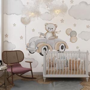 Tapet Ilustrație adorabilă a unui ursuleț de pluș care conduce o, Fototapet Pentru Copii, Fototapet pentru camera unei fete, w03382 : Uwalls.ro