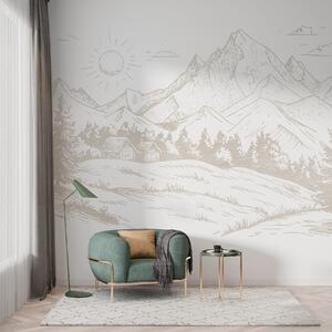 Tapet Munți desen, peisaje naturale, pădure, case din lemn, culoare bej, Fototapet Natură, w03348 : Uwalls.ro