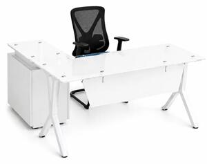 Set Evolution & Novaire - Birou cu blat din sticla,dulap lateral fix si Scaun de birou ergonomic cu spatar din plasa