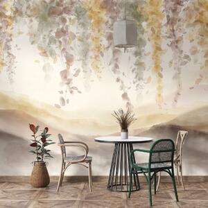 Tapet Wisteria frunze agățat peste munți blured, moale pastel galben și maro culori, peisaj stil acuarelă, Fototapet Acuarelă, w08909v1 : Uwalls.ro