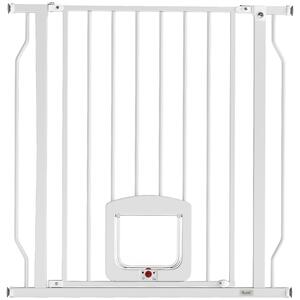 PawHut Poartă pentru Câini și Pisici Extensibilă cu Ușă Integrată, Poartă din Oțel și ABS, 75-85x2x76 cm, Alb | Aosom Romania