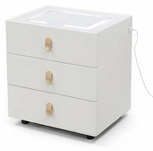 Noptieră inteligentă, încărcare Wireless și port USB+USB C, 3 sertare, 3 tipuri de iluminare LED touch, 3 tipuri de culoare, sticla securizata, Alb