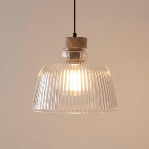 Lamkur Lampă suspendată Asta, lemn de stejar/sticlă, Ø 28 cm, E27, reglabil, Transparent, Camera de zi / sufragerie, Sticlă