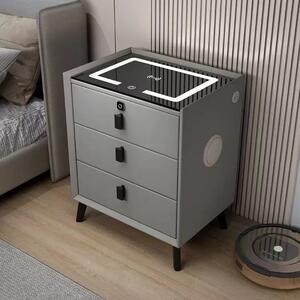 RESIGILAT- Noptieră inteligentă multifuncțională, 3 sertare, blocare cu amprentă, LED-uri tactile, 3 tipuri de culoare, încărcare fără fir, Difuzor Bluetooth, incarcare USB, sticla securizata, Gri