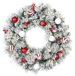 HOMCOM Coroniță de Crăciun Înzăpezită, 60 cm, cu Lumini LED, 8 Moduri, 140 Ramuri, 8 Fructe Roșii și 15 Globuri Decorative, Verde | Aosom Romania