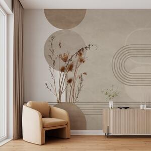 Tapet geometrie elegantă și flori uscate în tonuri de bej, Fototapet Boho, w03449 : Uwalls.ro