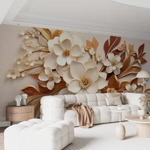 Tapet flori 3D cu frunze în stil origami în nuanțe de bej, Fototapet 3D, Fototapet 3D Flori, w08984 : Uwalls.ro