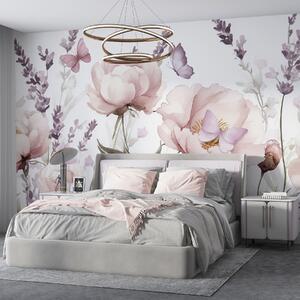 Tapet Pajiște de flori, bujori, lavandă, fluturi, stil acuarelă, culori roz, Fototapet Flori, w03668 : Uwalls.ro