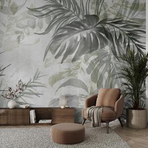 Tapet Monstera și frunze de palmier în nuanțe de verde și gri, botanică, frunze tropicale, plante junglă,, Fototapet Natură, w09011 : Uwalls.ro