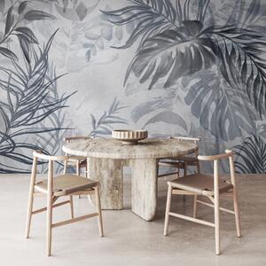Tapet Monstera și frunze de palmier în nuanțe de albastru și gri, botanică, frunze, Fototapet pădure, Fototapet Tropics, w09011v1 : Uwalls.ro
