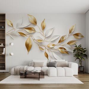 Tapet Frunze galbene și albe pe o ramură , design elegant, fundal alb, stil minimalist, artă decorativă , inspirat, Fototapet 3D, w09015 : Uwalls.ro