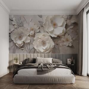 Tapet Flori albe elegante cu petale subțiri și stamine galbene pe un fundal gri, Fototapet 3D, w09029 : Uwalls.ro