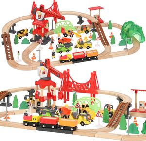 AIYAPLAY Trenuleț din lemn pentru copii 3+ ani, 91 piese, cu macara, șine, vehicule și figurine, multicolor | Aosom Romania