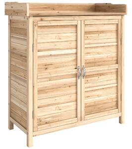 Dulap de exterior Outsunny cu 2 rafturi din lemn de brad cu design înălțat și 2 uși, 83x40x92 cm, culoarea lemnului | Aosom Romania