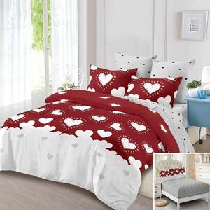 Lenjerie de pat, 2 persoane, finet, 6 piese, cu elastic, alb și roșu, cu inimioare albe, LEL253