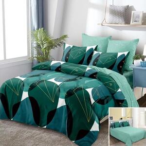 Lenjerie de pat, 2 persoane, finet, 6 piese, cu elastic, alb și verde, cu forme geometrice, LEL254